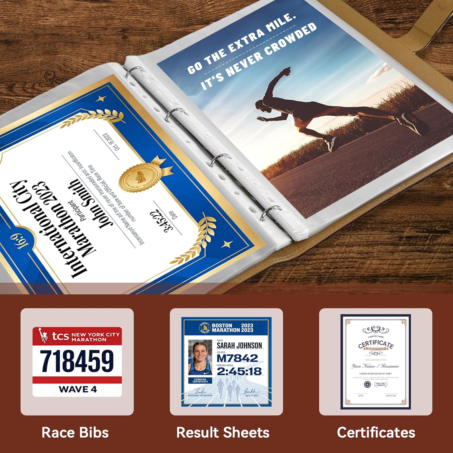 Race Bib Album with 40 Protective Sleeves, Runner's Bib Number Organizer, Brown Leather - Image 2