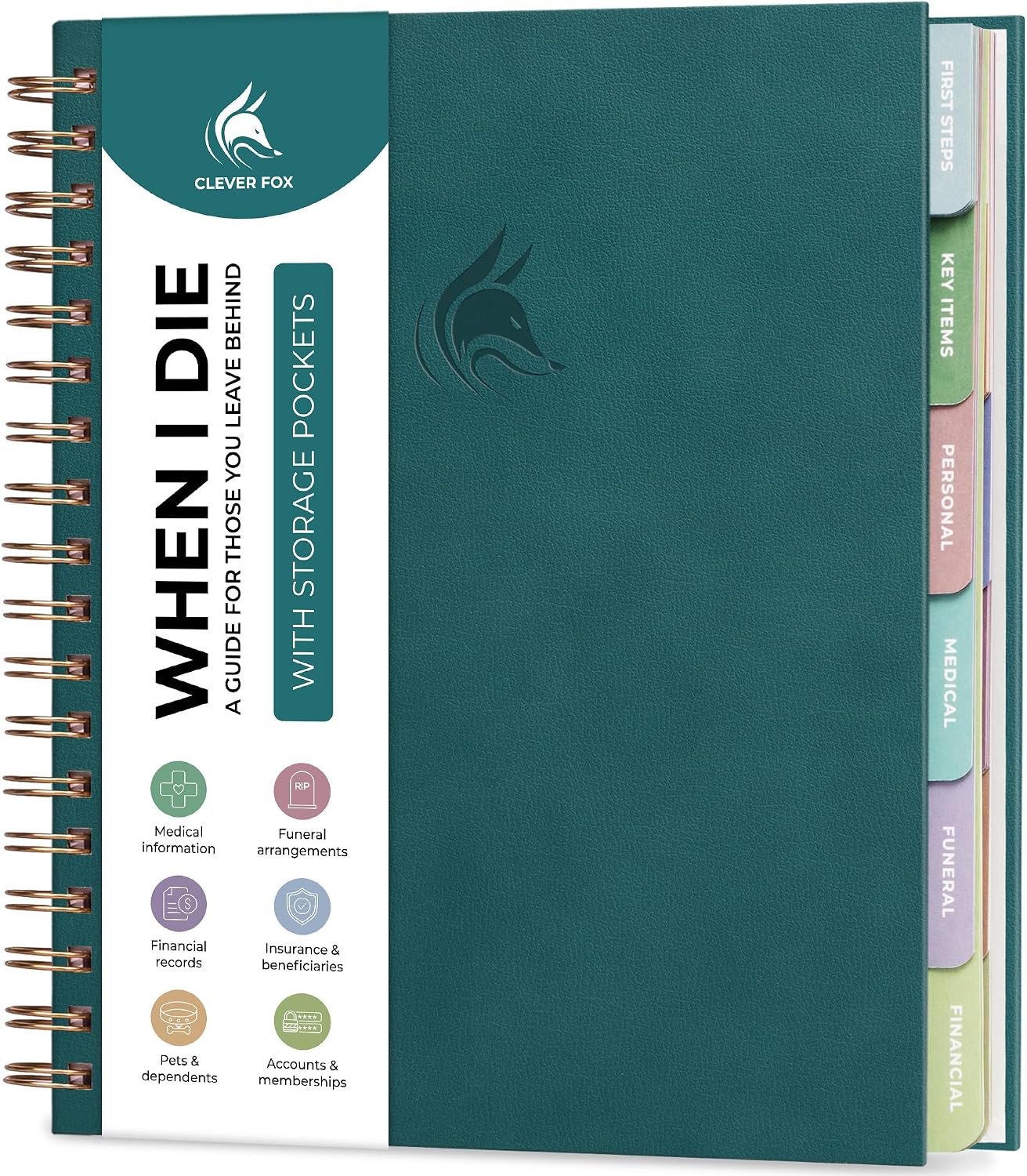 Clever Fox When I Die Planner With Pockets for Documents – End-of-Life Organizer Binder for Important Personal Info & Final Wishes (Dark Teal)