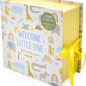 Lullaby Animals Baby Keepsake Box – 6 Drawer Memory Box for Newborn Mementos – Baby Gift with Ribbon Closure