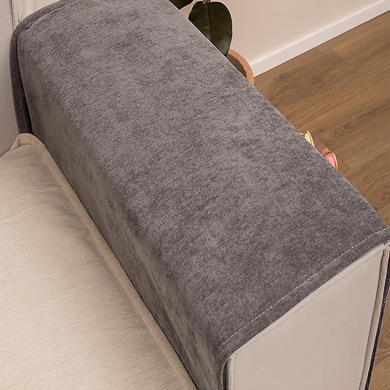 JIAHG Luxurious Chenille Sofa Armrest Organizer with 3 Side Pockets Universal Couch Armchair Caddy Storage Bag Armrest Cover Tidy Table Space Saver for TV Remote Control Magazines Glasses (Deep Grey) - Image 2