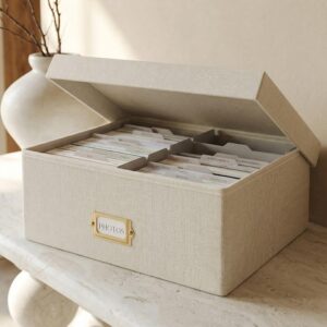 ZICOTO Modern Decorative Photo Storage Box – Collapsible Linen Photo Organizer with Dividers, Perfect for 4×6 Pictures – Portable Scrapbook Storage Containers with Lid, 6.3×4.4×2.5 inches