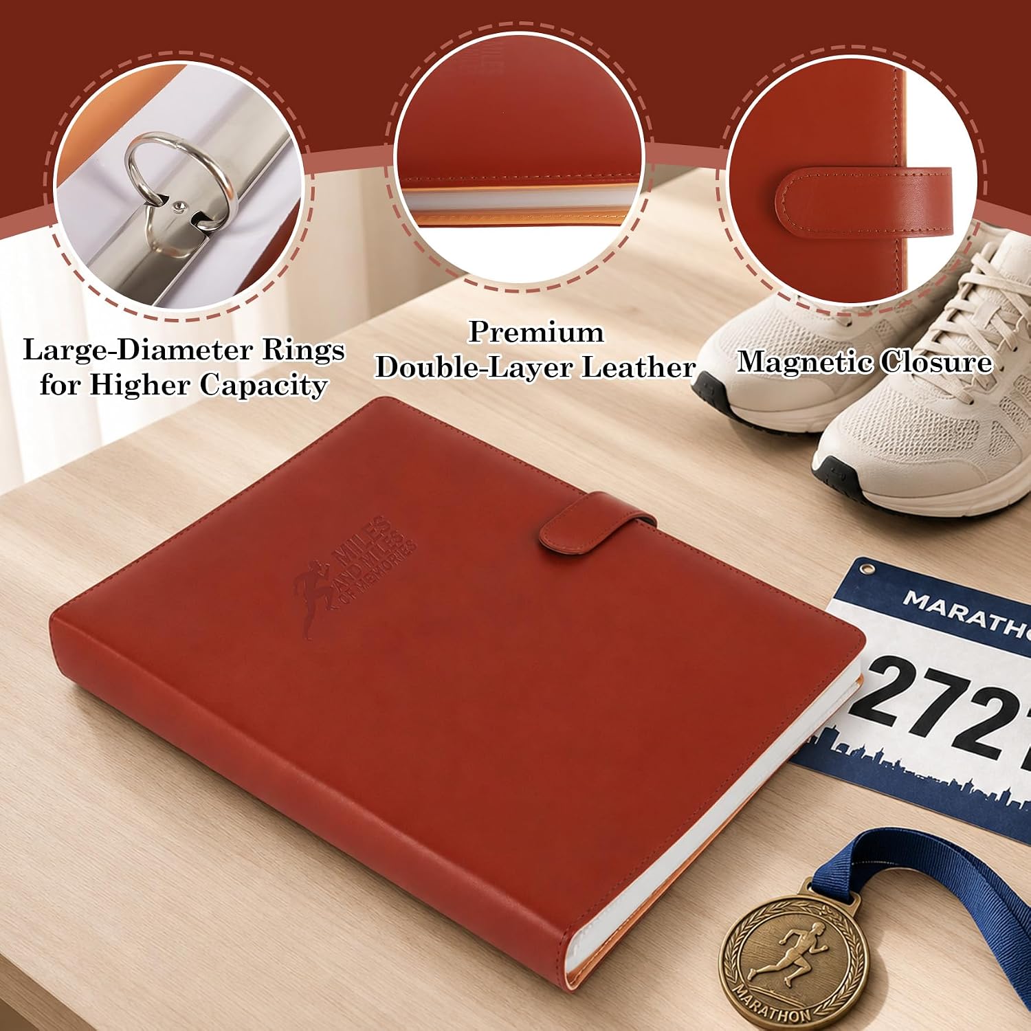 Klmnop Race Bib Memory Album Book with 40 Protective Sleeves for Runners, PU Leather Marathon Running Numbers Organizer, Race Bib Album for Collection(Brown) - Image 3