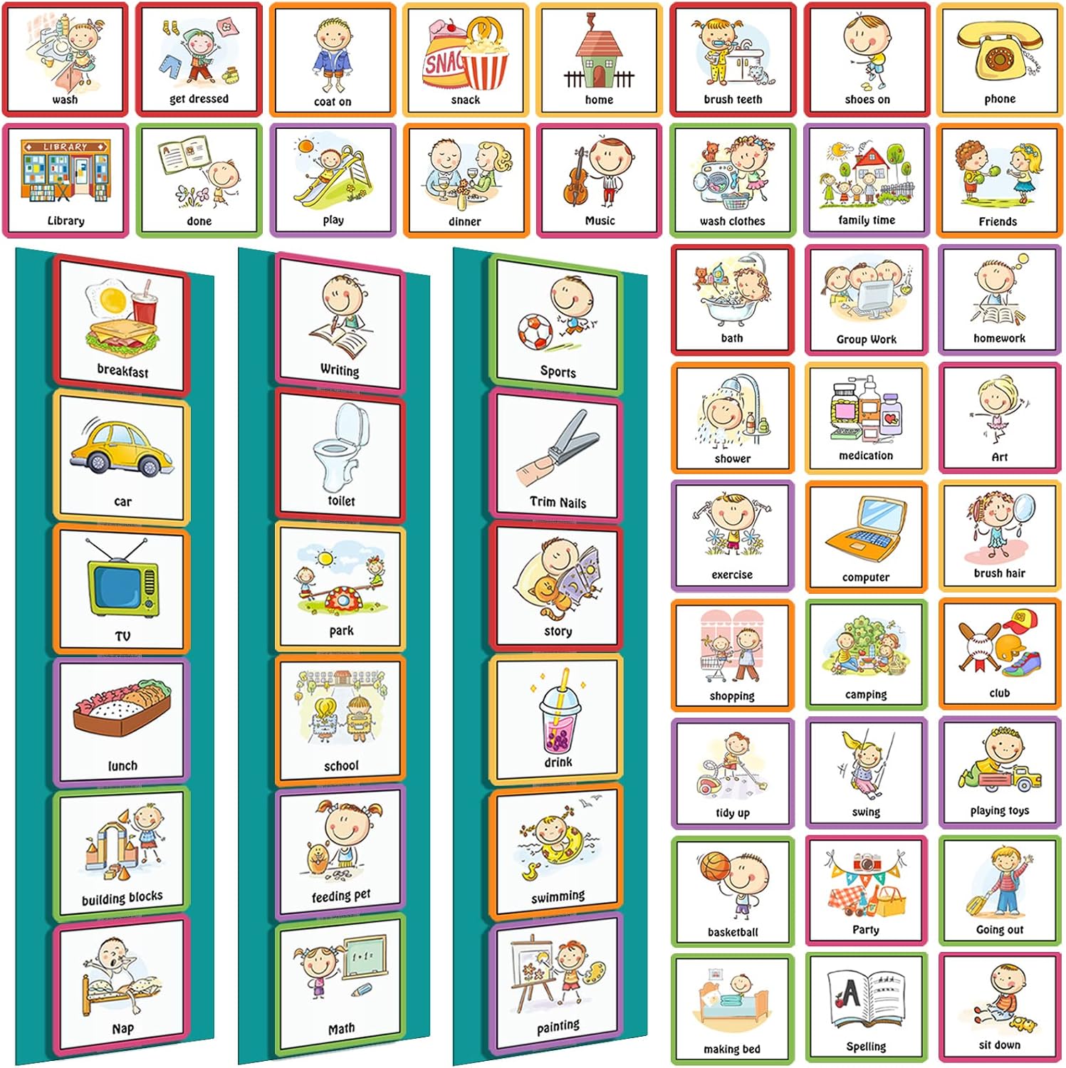 Geyee 60 Pieces Visual Schedule Cards Chart Routine Cards Autism Learning Materials with Back Board and Hook and Loop for Home, School, Preschool Children, ADHD, Autism (Royal Blue)