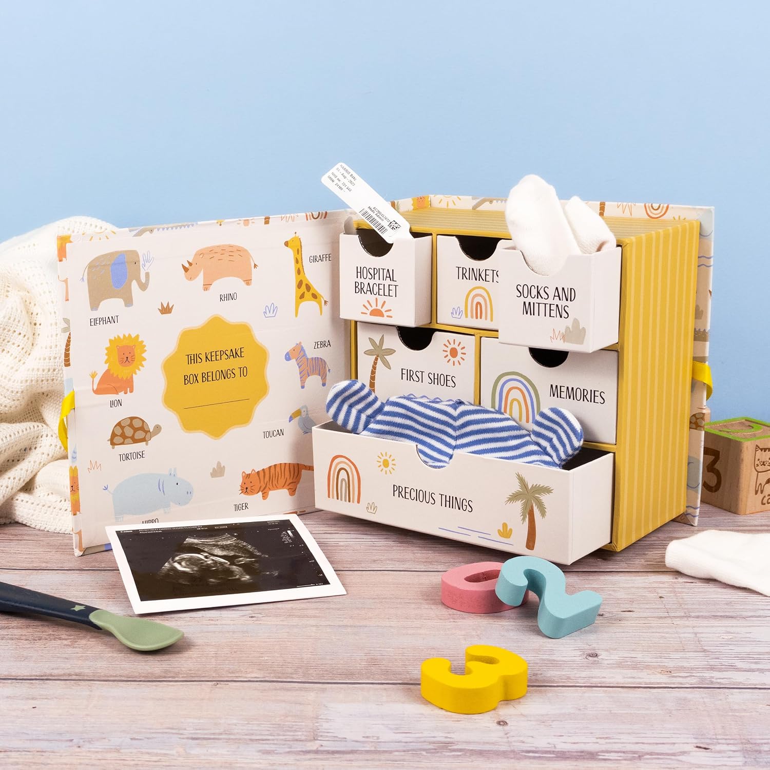 Lullaby Animals Baby Keepsake Box – 6 Drawer Memory Box for Newborn Mementos – Baby Gift with Ribbon Closure - Image 5